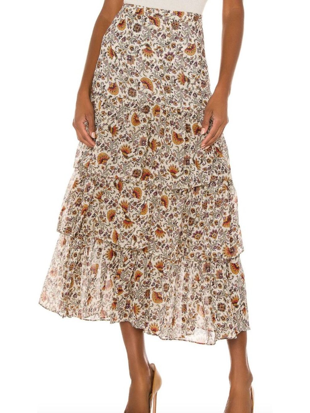 Veronica Beard Shailene Silk Tiered Floral Midi Skirt in Bone Multi Size 0